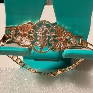 Gold-Tone Religious Floral Bracelet with Red Accent Stones